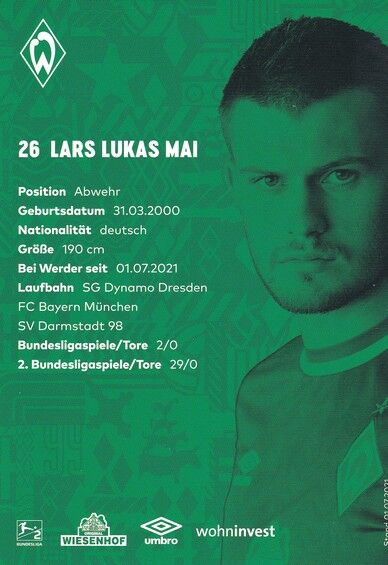 Autogramm Fussball | SV Werder Bremen | 2021 | Lars Lukas MAI