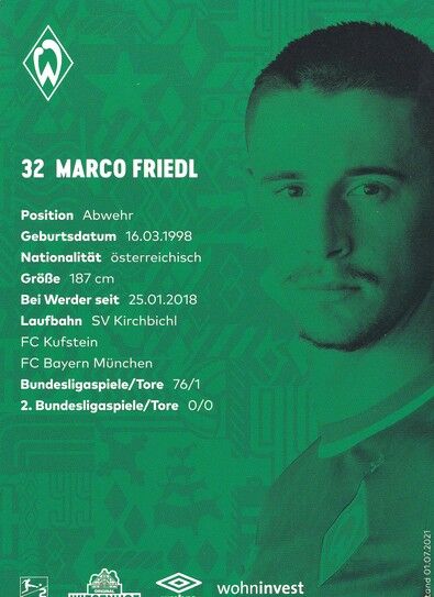 Autogramm Fussball | SV Werder Bremen | 2021 | Marco FRIEDL