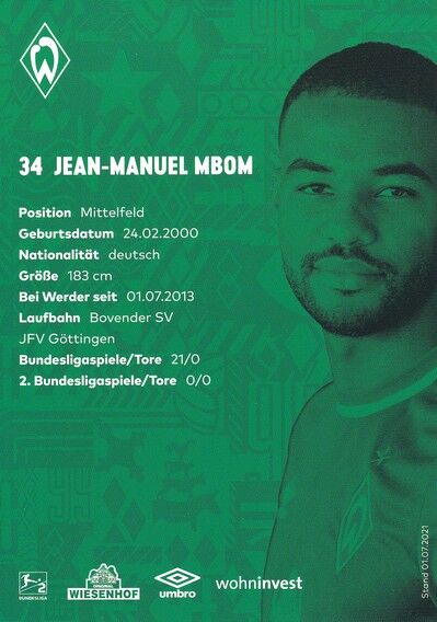 Autogramm Fussball | SV Werder Bremen | 2021 | Jean-Manuel MBOM