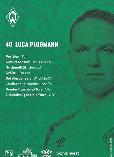 Autogramm Fussball | SV Werder Bremen | 2021 | Luca PLOGMANN
