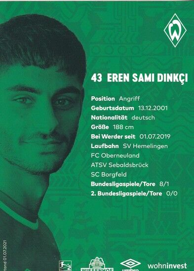 Autogramm Fussball | SV Werder Bremen | 2021 | Eren Sami DINKCI