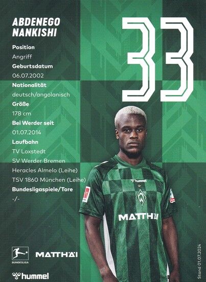 Autogramm Fussball | SV Werder Bremen | 2024 | Abdenego NANKISHI