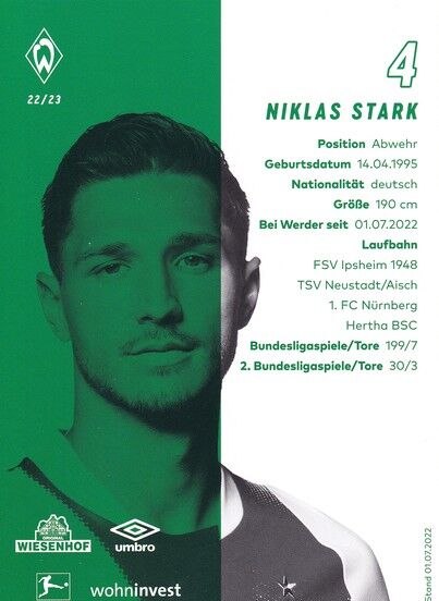 Autogramm Fussball | SV Werder Bremen | 2022 | Niklas STARK