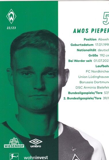 Autogramm Fussball | SV Werder Bremen | 2022 | Amos PIEPER