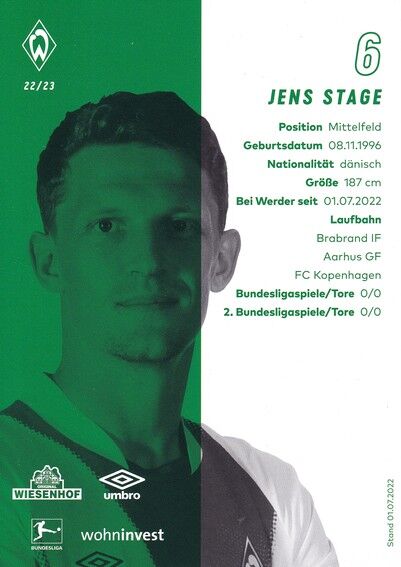 Autogramm Fussball | SV Werder Bremen | 2022 | Jens STAGE