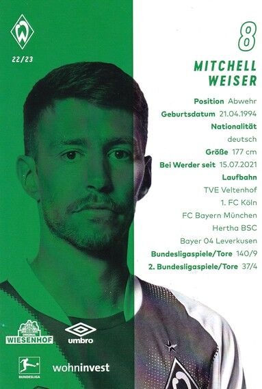 Autogramm Fussball | SV Werder Bremen | 2022 | Mitchell WEISER