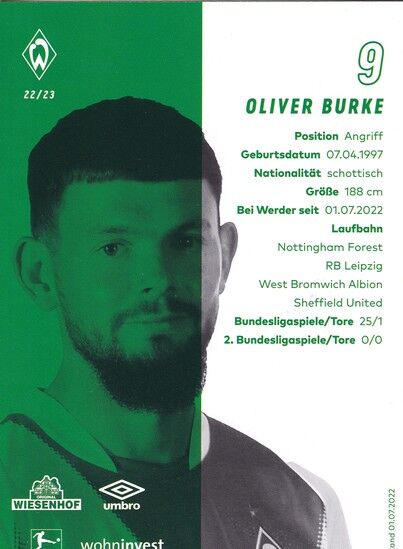 Autogramm Fussball | SV Werder Bremen | 2022 | Oliver BURKE