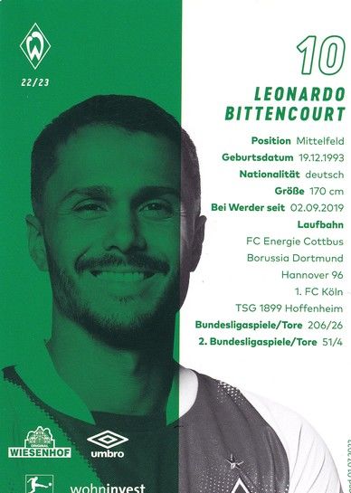 Autogramm Fussball | SV Werder Bremen | 2022 | Leonardo BITTENCOURT