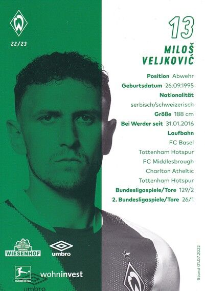 Autogramm Fussball | SV Werder Bremen | 2022 | Milos VELJKOVIC