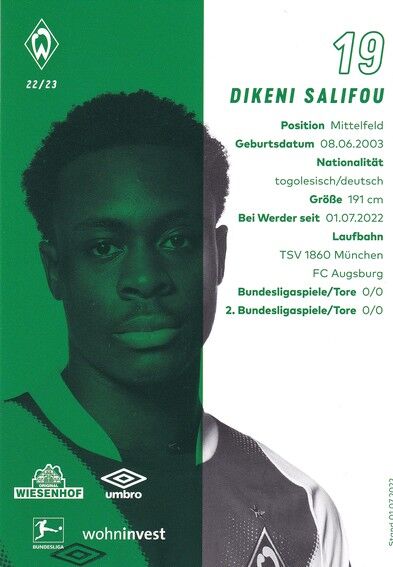Autogramm Fussball | SV Werder Bremen | 2022 | Dikeni SALIFOU