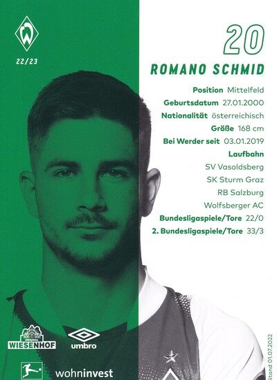 Autogramm Fussball | SV Werder Bremen | 2022 | Romano SCHMID