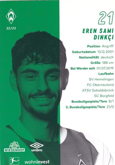 Autogramm Fussball | SV Werder Bremen | 2022 | Eren Sami DINKCI