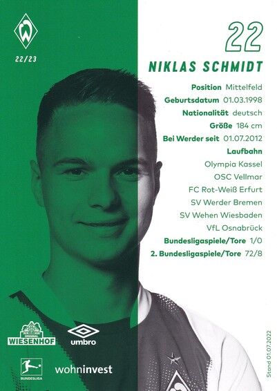 Autogramm Fussball | SV Werder Bremen | 2022 | Niklas SCHMIDT