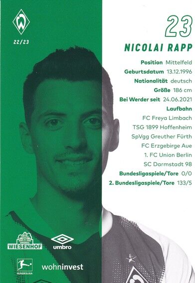 Autogramm Fussball | SV Werder Bremen | 2022 | Nicolai RAPP