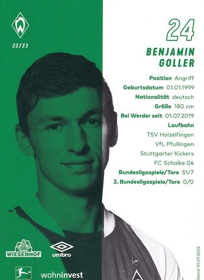 Autogramm Fussball | SV Werder Bremen | 2022 | Benjamin GOLLER