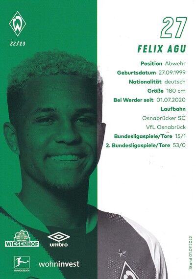 Autogramm Fussball | SV Werder Bremen | 2022 | Felix AGU