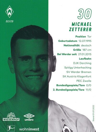 Autogramm Fussball | SV Werder Bremen | 2022 | Michael ZETTERER