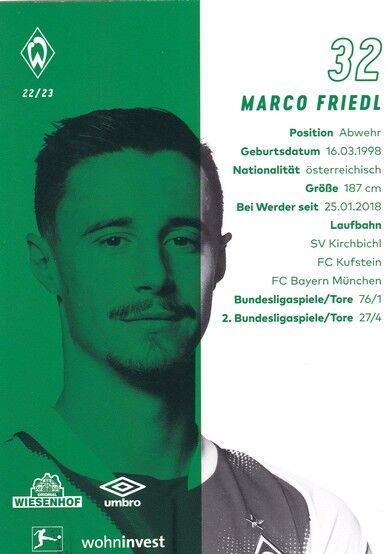 Autogramm Fussball | SV Werder Bremen | 2022 | Marco FRIEDL