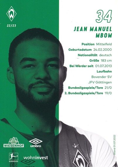 Autogramm Fussball | SV Werder Bremen | 2022 | Jean Manuel MBOM