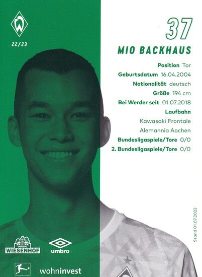 Autogramm Fussball | SV Werder Bremen | 2022 | Mio BACKHAUS
