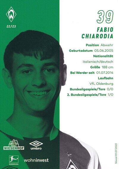 Autogramm Fussball | SV Werder Bremen | 2022 | Fabio CHIARODIA
