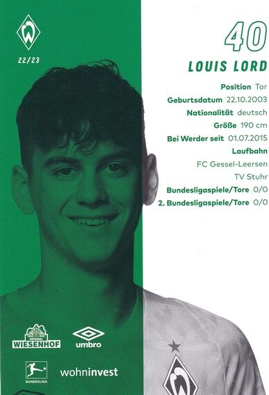 Autogramm Fussball | SV Werder Bremen | 2022 | Louis LORD