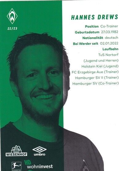 Autogramm Fussball | SV Werder Bremen | 2022 | Hannes DREWS