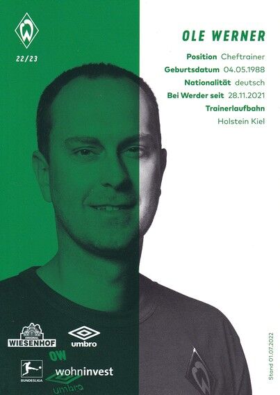 Autogramm Fussball | SV Werder Bremen | 2022 | Ole WERNER