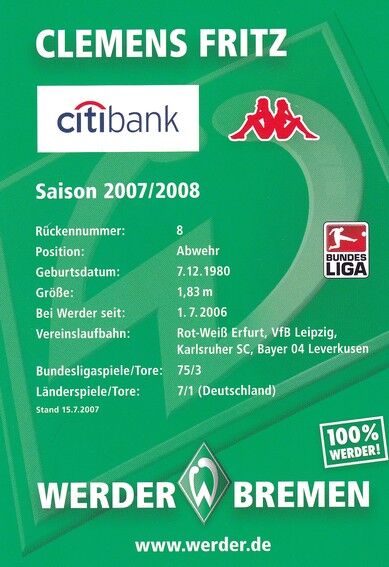 Autogramm Fussball | SV Werder Bremen | 2007 | Clemens FRITZ
