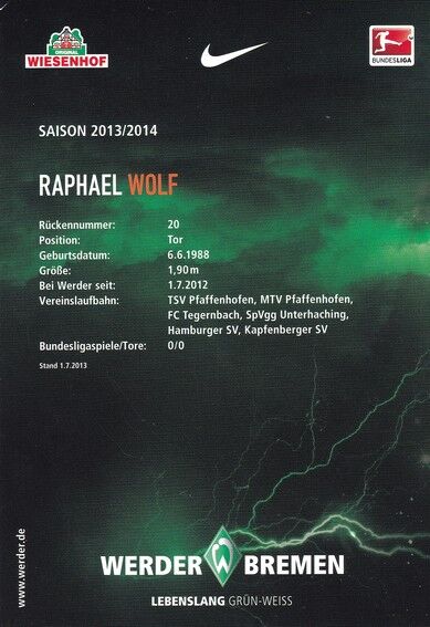 Autogramm Fussball | SV Werder Bremen | 2013 | Raphael WOLF