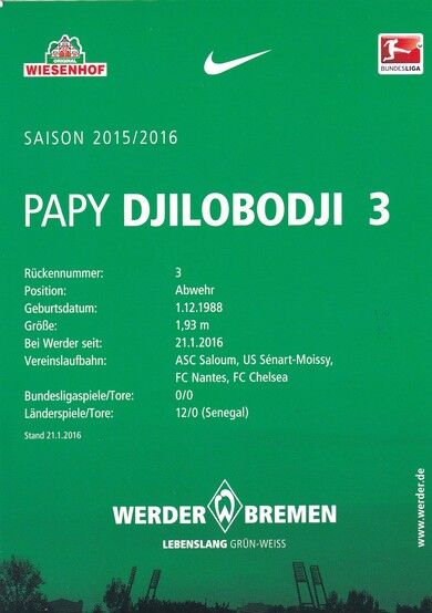 Autogramm Fussball | SV Werder Bremen | 2015 | Papy DJILOBODJI