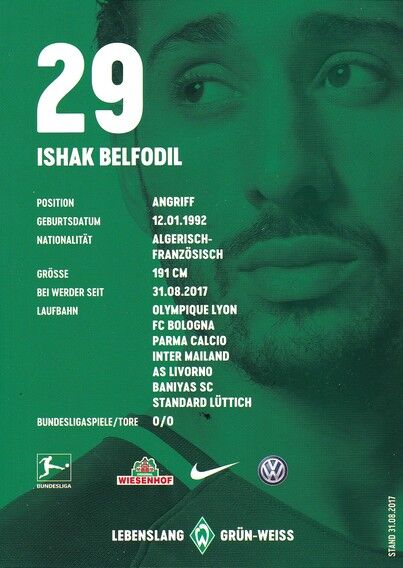 Autogramm Fussball | SV Werder Bremen | 2017 | Ishak BELFODIL