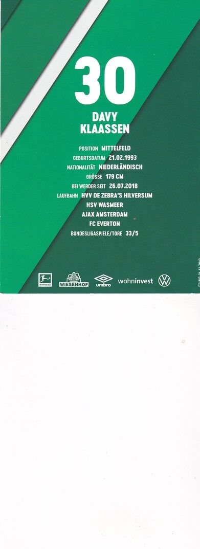 Autogramm Fussball | SV Werder Bremen | 2019 | Davy KLAASSEN