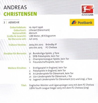 Autogramm Fussball | Borussia Mönchengladbach | 2016 | Andreas CHRISTENSEN