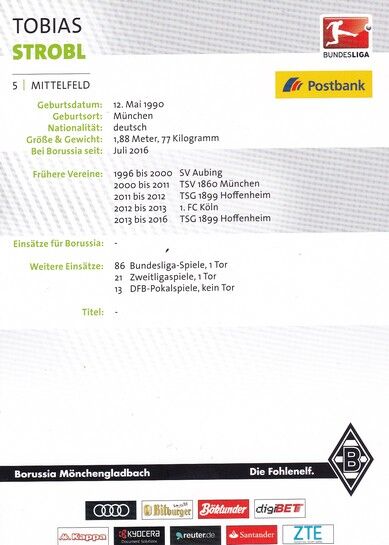 Autogramm Fussball | Borussia Mönchengladbach | 2016 | Tobias STROBL
