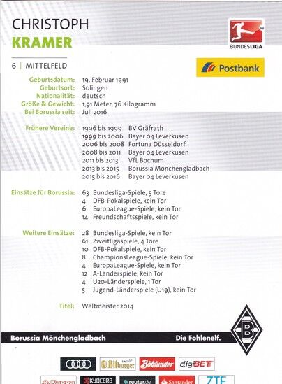 Autogramm Fussball | Borussia Mönchengladbach | 2016 | Christoph KRAMER