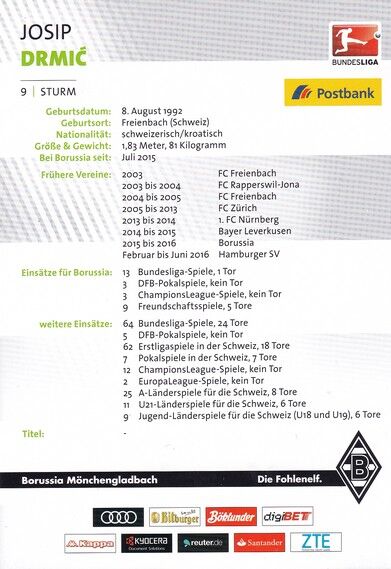 Autogramm Fussball | Borussia Mönchengladbach | 2016 | Josip DRMIC