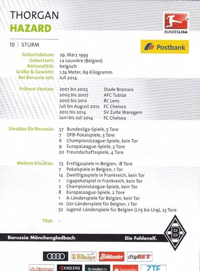 Autogramm Fussball | Borussia Mönchengladbach | 2016 | Thorgan HAZARD