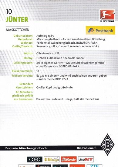 Autogramm Fussball | Borussia Mönchengladbach | 2016 | JÜNTER (Maskottchen)