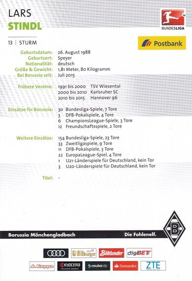 Autogramm Fussball | Borussia Mönchengladbach | 2016 | Lars STINDL
