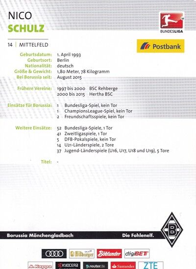 Autogramm Fussball | Borussia Mönchengladbach | 2016 | Nico SCHULZ