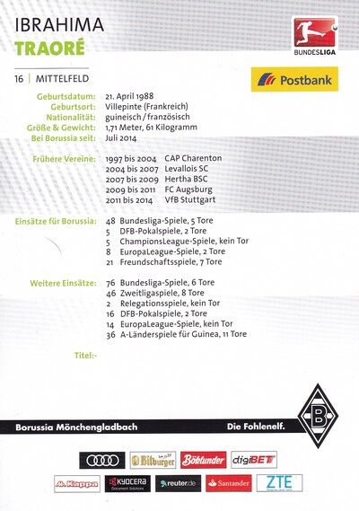 Autogramm Fussball | Borussia Mönchengladbach | 2016 | Ibrahimo TRAORE