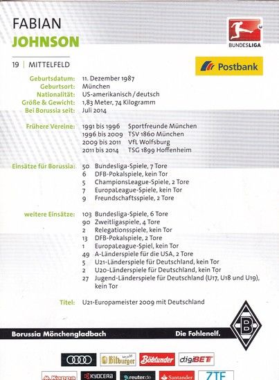 Autogramm Fussball | Borussia Mönchengladbach | 2016 | Fabian JOHNSON