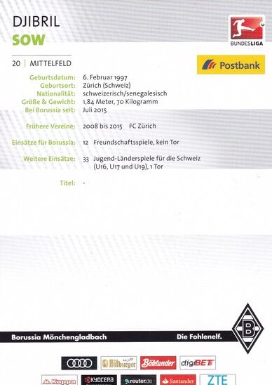 Autogramm Fussball | Borussia Mönchengladbach | 2016 | Djibril SOW
