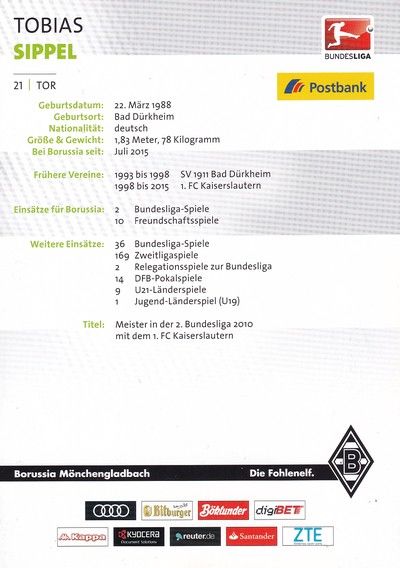Autogramm Fussball | Borussia Mönchengladbach | 2016 | Tobias SIPPEL