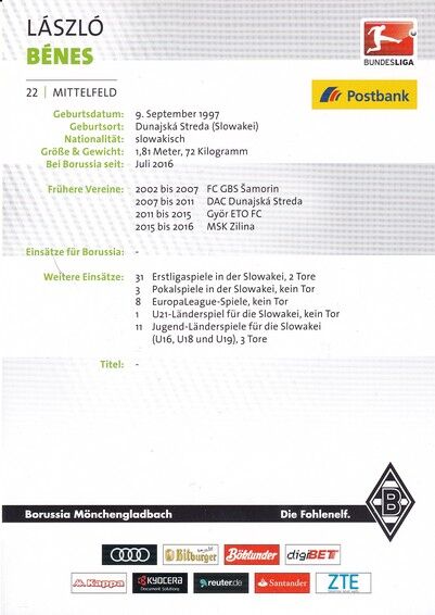 Autogramm Fussball | Borussia Mönchengladbach | 2016 | Laszlo BENES