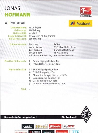Autogramm Fussball | Borussia Mönchengladbach | 2016 | Jonas HOFMANN