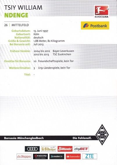 Autogramm Fussball | Borussia Mönchengladbach | 2016 | Tsiy William NDENGE