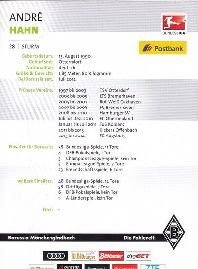 Autogramm Fussball | Borussia Mönchengladbach | 2016 | Andre HAHN