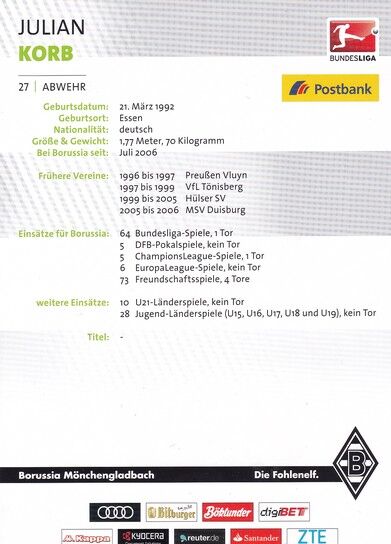 Autogramm Fussball | Borussia Mönchengladbach | 2016 | Julian KORB
